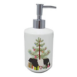 Caroline's Treasures BB9198SOAP Belted Galloway Cow Christmas Ceramic Soap Dispenser, Teal Hand Soap Dispenser Pump Bottles for Bathroom Kitchen, Empty Refillable Liquid Soap Container