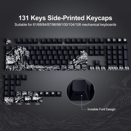 LQXQ 131 Keys Keycaps PBT, Custom Keycap Cherry Profile Shine Through, Wave of Kanagawa Double Shot Keycaps Side Print, Dye Sub Keycap Set, Black