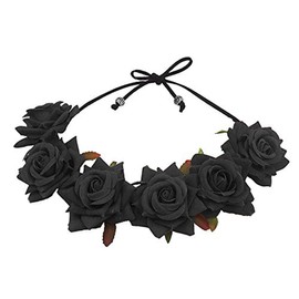 Floral Fall Rose Red Rose Flower Crown Woodland Hair Wreath Festival Headband F-67 (Black)