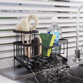 KORZMA Small Kitchen Sink Caddy Organizer and sponge holder with Suction Cups for Sponge, Brush, Soap Dispenser. Stainless Steel, Minimalist Black, for Sink or Countertop