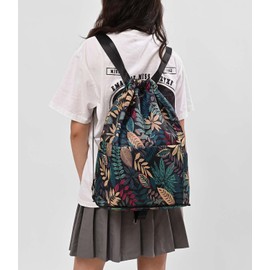 YouNuo Drawstring Backpack Sports Gym Bag for Women Men, Large Size Water-resistant String Backpack With Zipper Pockets and Water Bottle Pockets, Leaves