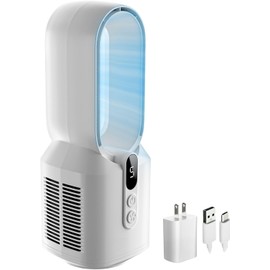 EZ-CHILL 14" Rechargeable Bladeless Tabletop Fan for Bedroom and Home, 5 Speed Settings, Display Screen, Non-Slip Feet, Ideal for Home Office, Quiet Operation, White