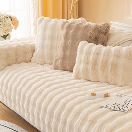MERRYLIFE Thick Plush Faux Rabbit Fur Sofa Slipcovers 1-Piece Non-Slip Warm Soft Cozy Couch Covers Pillow Covers Furniture Protector(Beige, Sofa Cushion 90 * 240cm)