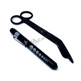 Heavy Duty Reusable Penlight + Tactical All Black Nurse Doctor Medical Lister Bandage Scissors Shears (A2ZSCILAB) (Black + Black Bandage Scissors 7.25")