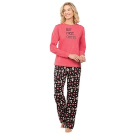 PajamaGram Womens Pajama Sets Cotton - Coffee Pajamas, Pink, Medium / 8-10