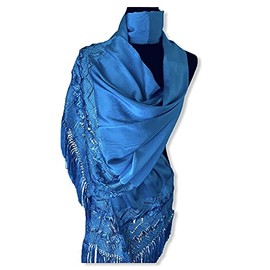 Rebozo Artesanal de finos, brillantes y suaves hilos de Artisela, tamaño grande 220 x 70 cm ancho, propio para eventos especiales, color azul