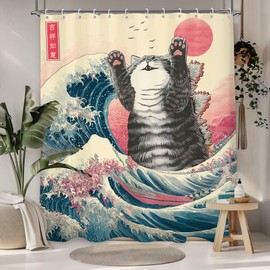 Funny Japanese Cat Shower Curtain 60Wx71L, Hilarious Cool Animal Shower Curtains for Bathroom Decor, Anime Wave Sea Oncean Asian Nautical Shower Curtain Set Home Decor 12 Pack Hooks