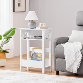 Yaheetech Small Side Table with Storage Shelf, 3-Tier Slim X Shaped End Table with Magazine Rack, Living Room Home Office Balcony Small Spaces, Effortless Assembly, White