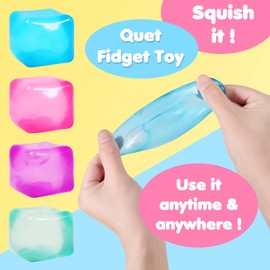 4pack Stress Cube Squishy Stress Balls for Adults Kids Fidget Toy for Your Best Mellow and Chill -Ice Cubes-Square Shape with Filling in Pink Blue Purple Green -Age 3 to Adult(4pcs Cube)