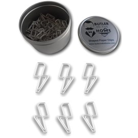 Butler in the Home 100 Count Lightning Bolt Shaped Paper Clips Great for Paper Clip Collectors or Office Gift - Comes in Round Tin with Lid and Gift Box - Silver Metal