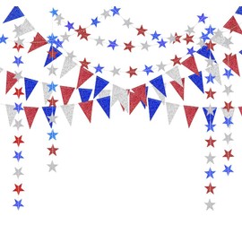 Red Blue White/Silver Star Garland and Triangle Pennant Banner Kit for Party Celebration Decor Party Hanging Decoration for Bithday/Wedding/Home/Cavinal/Home/Outdoor/Ceiling/Christmas