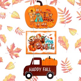 CroBlissful 3 Pcs Thanksgiving Wooden Hanging Signs for Front Door It's Fall Yard Sign Autumn door decor Pumpkin Door Sign Wooden Truck Sign Fall Cow Sign Harvest Outdoor Kitchen Wall Decor