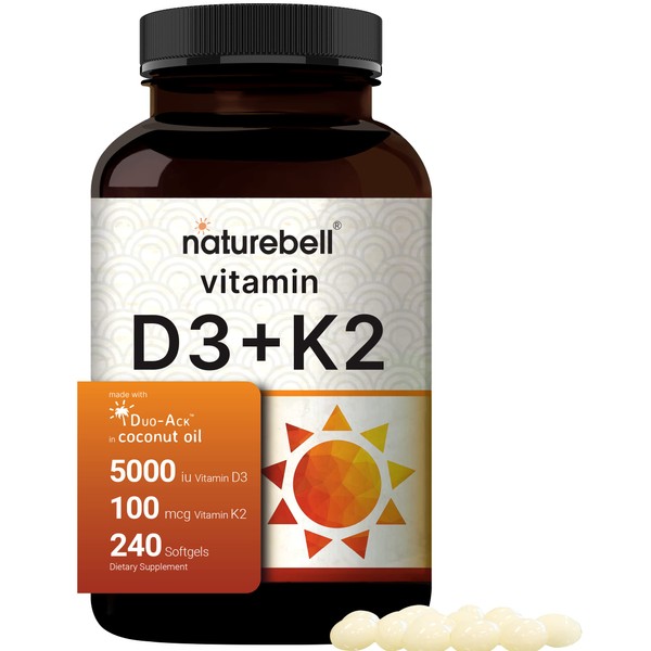 NatureBell Vitamin D3 K2 (MK7) with Virgin Coconut Oil, 240 Softgels, 5000 IU & K2 MK7 100mcg, 2 in 1 Support, Duo-Ack | 8 Months Supply | Third Party Tested, Non GMO & No Gluten