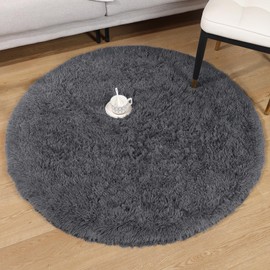 Enyhom Round Soft Area Rug Fluffy Shaggy Circular Plush Room Carpet High Pile Velvet Washable Floor Rug Silky Smooth Bedside Rug for Living Room College Dorm Home Decor Floor Mat, 120cm Grey