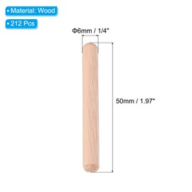 PATIKIL 1/4 Wooden Dowel Pins, 212 Pcs M6x50mm Wood Dowel Pins Hardwood Pegs Fluted Groove Easy Insertion for Crafts Furniture Door Art
