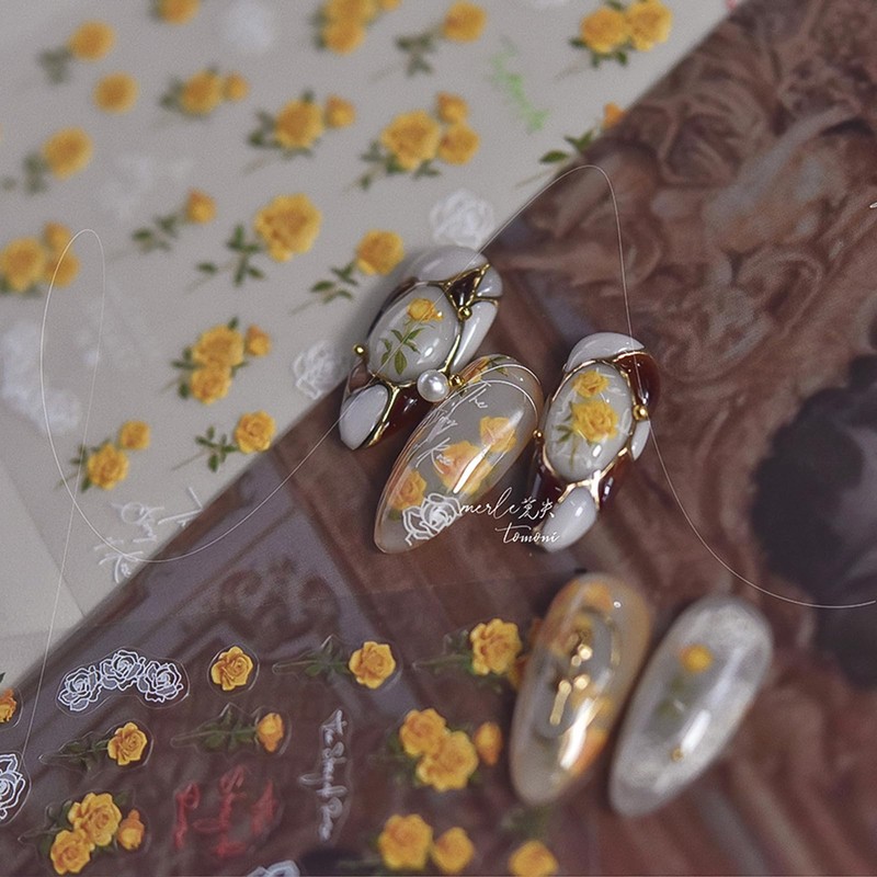 5D Embossed Nail Art Stickers Decals Yellow White Flower Nail