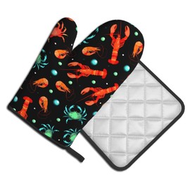 Oplp Lobster Crab Shrimp and Bubbles Oven Mitts and Pot Holders Marine Animals on Black Background Heat Resistant Oven Mitts Safe for Baking Cooking BBQ
