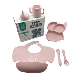 PAPU BABY Set de Alimentación Elefante 5 piezas- Babero, Plato, Vaso, Cuchara y Tenedor 100% de Silicón Grado Alimenticio. Libre de BPA. (Rosa Pastel)
