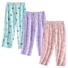 PNAEONG 3 Pack Women Pajama Pants Capri Length Drawstring Pj Bottoms Sleep Lounge Pants with Pockets 2X-Large