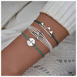 Aneneiceera Boho Layered Wax Rope Bracelet Blue Wax Bracelet Waterproof Braided String Bracelet Silver Disc Mountain Bracelet Vintage Compass Disc Hand Chain Bracelet Jewelry for Women