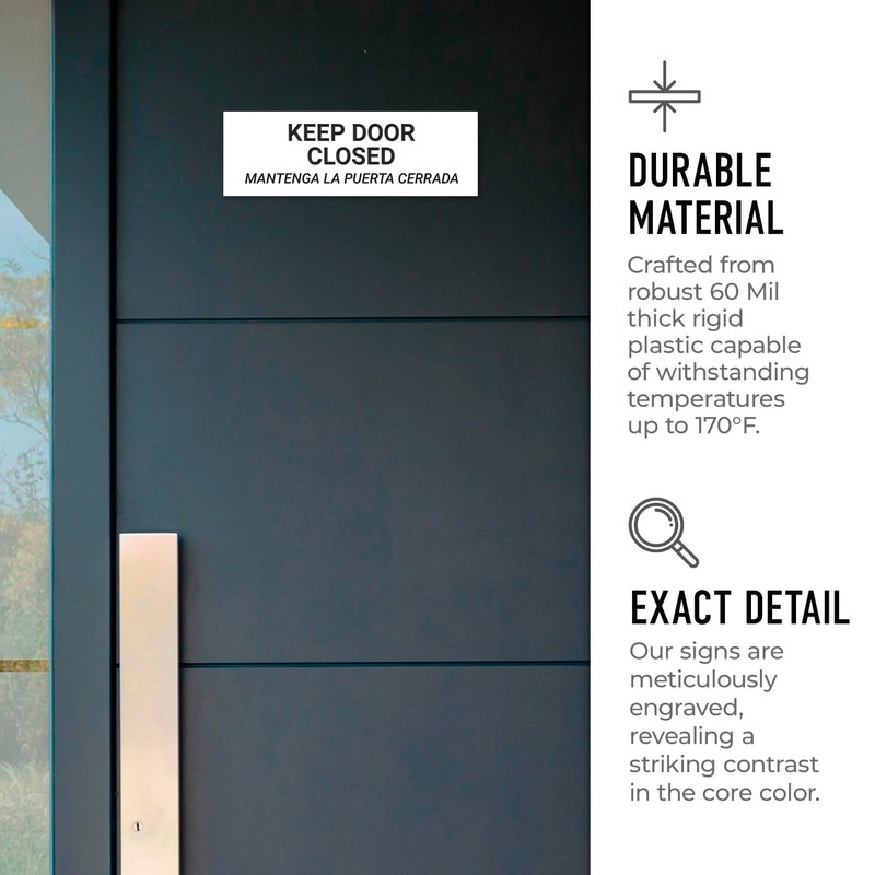 Keep Door Closed Bilingual Sign, Engraved, 3x9 Inches, Indoor/Outdoor Use,