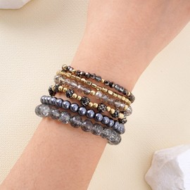 Rosedate Black Beaded Bracelet Grey Bohemian Crystal Stone Stretch Bracelets for Women Beaded Stackable Stretch Bracelet Colorful Charm Jewelry