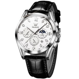 OLEVS Mens Watches Leather Chronograph Diamond Luxury Fashion Dress Analog Quartz Wrist Watch White Luminous Waterproof Moon Phase Date