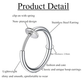 Elicola 5 Pairs Clip On Earrings Stainless Steel Hoop Earrings Small Hoop Earrings Cartilage Nose Lip Rings for Men and Women (Silver-Tone)