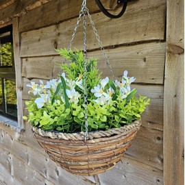 Best Artificial Mini Daffodil Display in 10 inch Woven Decorative Hanging Basket - Suitable for Outdoor use (White)