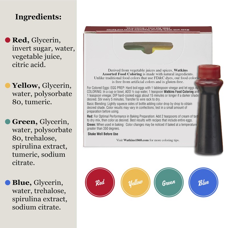 Watkins Assorted Food Coloring, 1 Each Red, Yellow, Green, Blue,