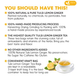 FreshDrinkUS, Premium 55 Tulsi Lemon Ginger Tea Bags, 100% Natural & Pure from Tulsi Holy Basil Leaves, Lemon and Ginger. Made with Natural Material Tea Bags. No Sugar, No Caffeine, Vegan.