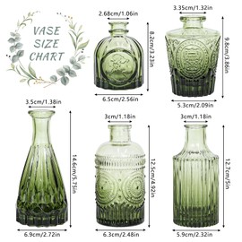 SUPMIND Glass Bud Vase Set of 5, Green Small Flower Vases for Centerpieces in Bulk, Mini Vintage Vase for Rustic Wedding, Home,Table Decoration