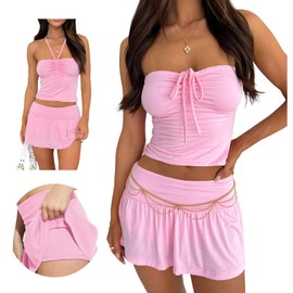 Hafailia Two Piece Sets for Women Going Out Summer Y2K Tie Ruched Tube Crop Tops Low Rise Pleated Mini Skort 2 PC Skirts Outfits Pink M