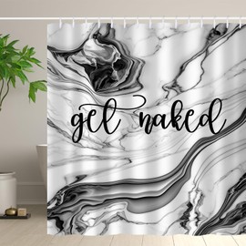 Hongma Black Marble Shower Curtain Get Naked Shower Curtains, Funny Letters Pattern Printed Shower Curtain with Hooks 72x72 Inch Waterproof Polyester Decorative Bath Curtain for Bathroom Decor