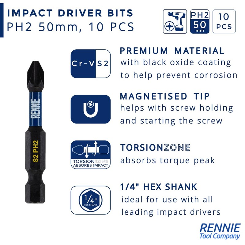 10 x Rennie Tools 50mm Long PH2 Impact Screwdriver Driver
