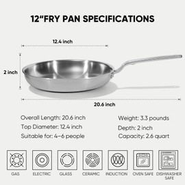 GLOBEHOME 12 Inch Stainless Steel Frying Pan - 5 Ply Stainless Clad Skillet with Aluminum Core, Durable and Even Heating, Professional Cookware for Induction, All Stoves, Oven and Dishwasher Safe