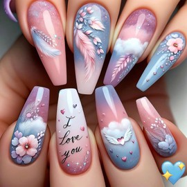 Flower Press on Nails Long Ballet Shped Nails Feather Clouds Pattern Design Coffin Nails Artificial Acrylic Stick on Nails Full Cover False Nails Blue Gradient Nails Glossy Glue on Nails for Women