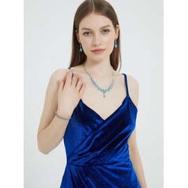 LMXXVJ Created Aquamarine Crsytal Prom Evening Party Jewelry Set for Women,Necklace Earring Bracelet Formal Costume Jewelry Set for Bride Bridesmaid,Silver-Tone