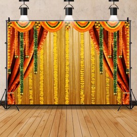 Leowefowa 10x8ft Vinyl Indian Traditional Backdrop Puja Ganpati Background India Pooja Backdrop Puja Hindu Mehndi Festival Bridal Shower Wedding Background Decoration Marigold Garlands Photo Props
