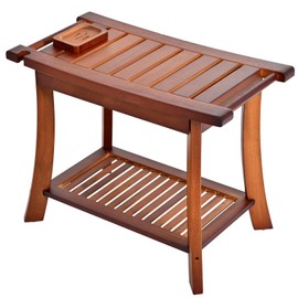 Teak Shower Chair Stool, 24" Shower Bench Seat, Wooden Bathroom Bench with Storage Shelf for Indoor & Outdoor Use