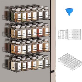 SpaceAid 4 Pack Magnetic Spice Rack with 48 Spice Jars, 400 Spice Labels and Funnel, Space Saving Refrigerator Fridge Oven Shelf Organizer