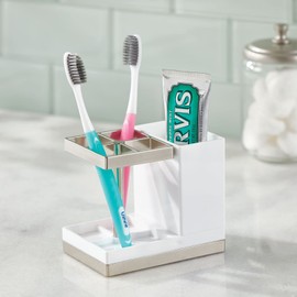 mDesign Plastic Toothbrush and Toothpaste Storage Organizer Holder - Home Decor for Bathroom Countertop - Holds Toiletries and Beauty Accessories - Lumiere Collection - White/Brushed