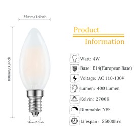 Lamsky E14 LED Bulb European Base 4W LED Chandelier Light Bulbs Dimmable 40W Equivalent,110V 2700K Warm White,Frosted Glass Decorative Bulb,6 Pack
