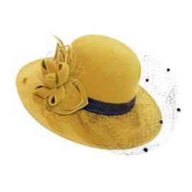 Caprilite Large Brim Felt Fedora Formal Hat Wool Mix Occasion Birdcage Veil Netting Hatinator Fascinator (Wool Blend, Mustard Yellow)