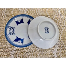 j-pure hitomi Japanese Ceramic Medium Plate Set, Five Kinds of Cat Face Patterns, 6.4 x H1.18 Inches Mino Ware White & Blue Set of 2, from Japan 23236