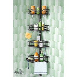 HAMITOR Corner Shower Caddy Tension Pole: Rustproof Stable 4-Tier Bathroom Organizer Shelves for Bathtub Shampoo Storage - 47-121 Inch Quick Install Adjustable Standing Rack with Soap Rack - Black