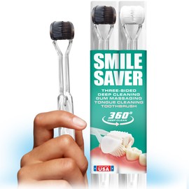 SMILE SAVER 360° Deep Clean 3-Sided Toothbrush | 2-Pack | Deep Cleaning + Gentle Gum Massage + Tongue Cleaner | Adults Children Braces Travel Gift Kids (Black & White - Clear Handles)