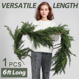 Jutom 1PCS Deluxe Cedar Garland - 6 ft Artificial Realistic Soft and Thickness Green Faux Cedar Pine Garland Decoration for Table, Mantel, Wall Winter Holiday Party Decoration