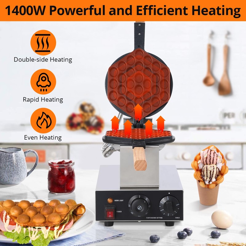 Electric Bubble Waffle Maker, 2800W Round Waffle Iron Bubble Waffle