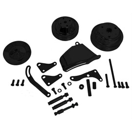 Prefer Warehouse Complete Black Steel V-Belt 2 Groove Long Water Pump Crank Pulleys with Alternator & Power Steering Brackets Kit Compatible with Chevy SBC 265 283 305 327 350 383 400 1969-1978